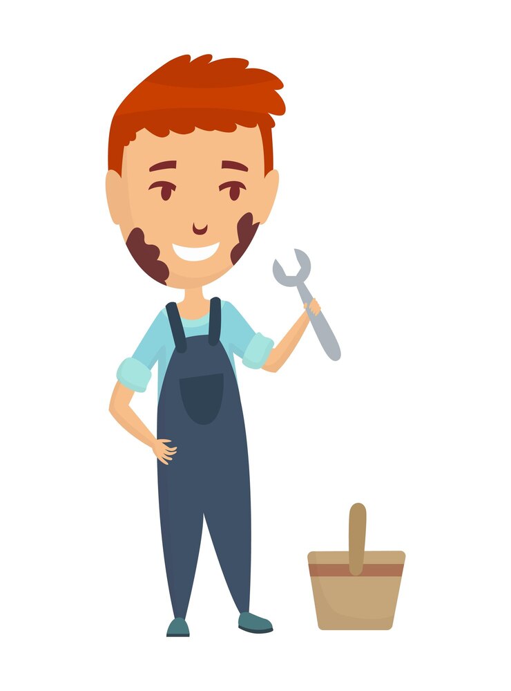 Vector reparador de profesión de niño persona joven de dibujos animados en uniforme profesional ilustración de vector de ocupación de niños lindos personaje de niño en traje de profesiones