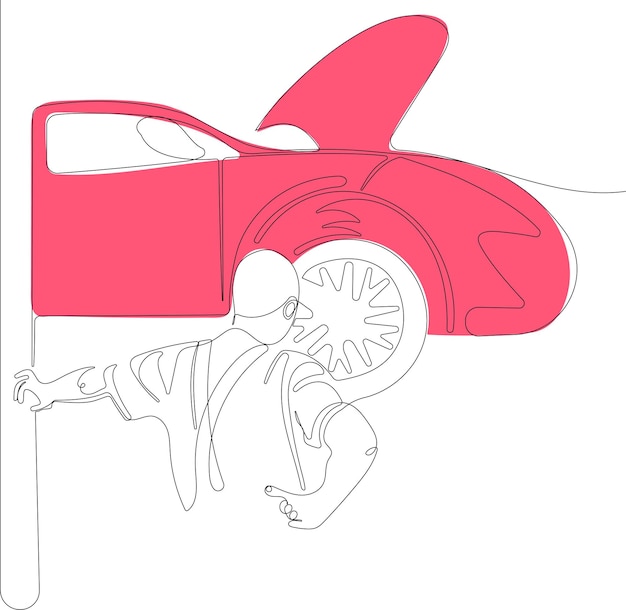 el reparador en uniforme mira un coche rojo elevado