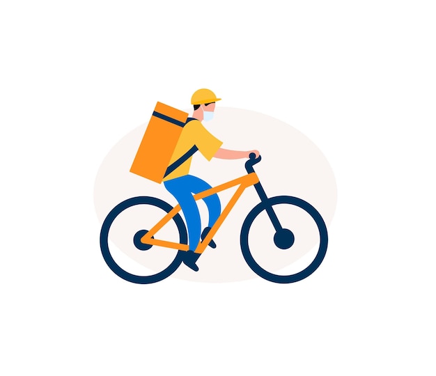 Repartidor de alimentos en una bicicleta eléctrica courier con bolsa de comida en bicicleta gráfico para el servicio de entrega ilustración vectorial