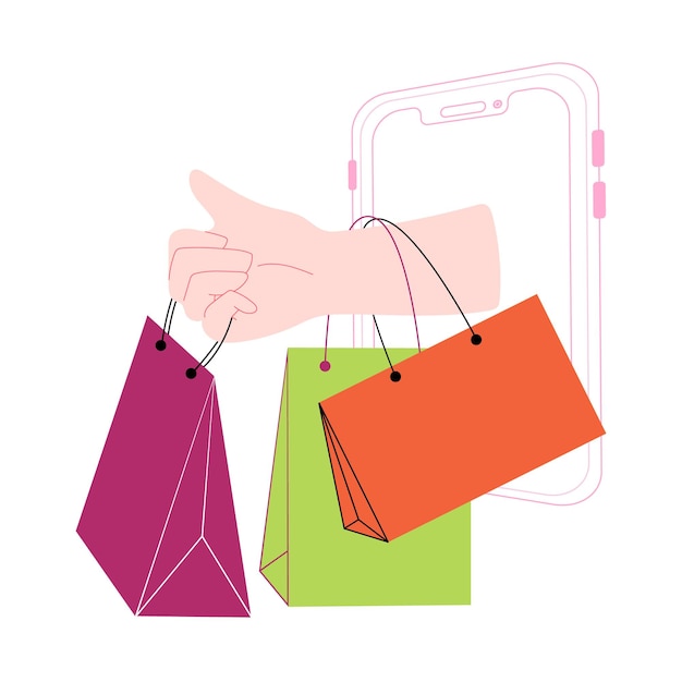 Repartidor con bolsas de compras. Vendedor en teléfonos móviles grandes. Metáfora de la entrega de mercancías. concepto de compras en línea.venta