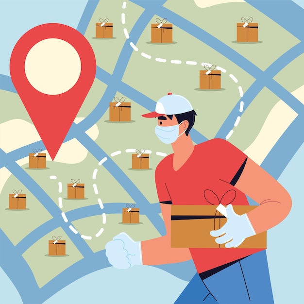 Repartidor con caja, máscara facial y mapa