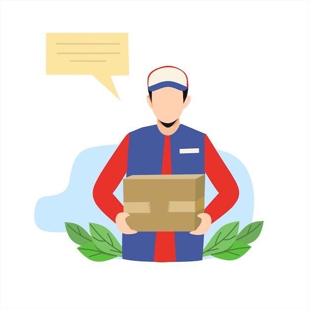 Vector repartidor con caja. servicio de entrega de alimentos y mercancías.