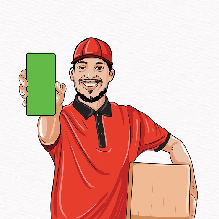 Vector un repartidor con camisa roja y gorra roja sosteniendo un teléfono con pantalla verde y una caja marrón de paquetes