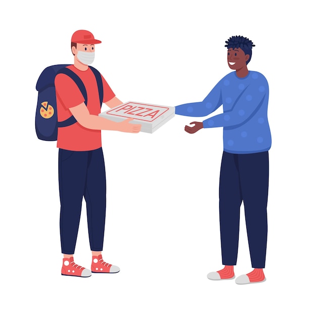 Repartidor dando pizza caracteres de vector de color semi plano. Figuras que interactúan. Gente de cuerpo entero en blanco. Servicio seguro aislado ilustración de estilo de dibujos animados moderno para diseño gráfico y animación