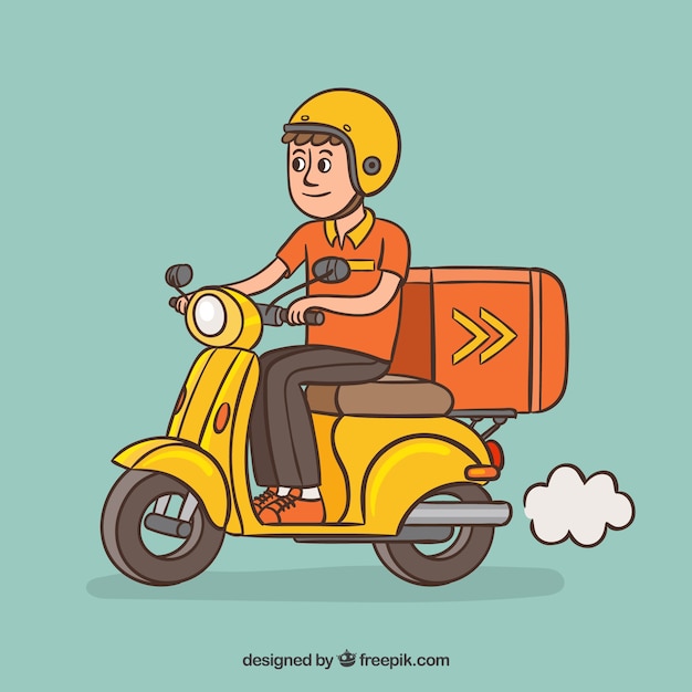 Repartidor dibujado a mano en scooter clásica