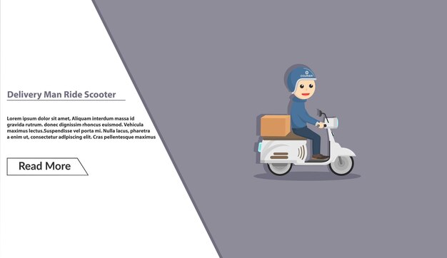 Repartidor entrega paquetes por carácter scooter en banner de diseño con información