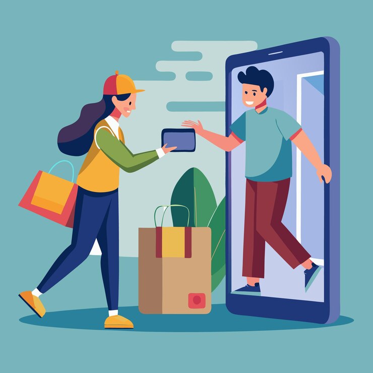 Vector un repartidor entregando un paquete a un cliente a través de un teléfono inteligente