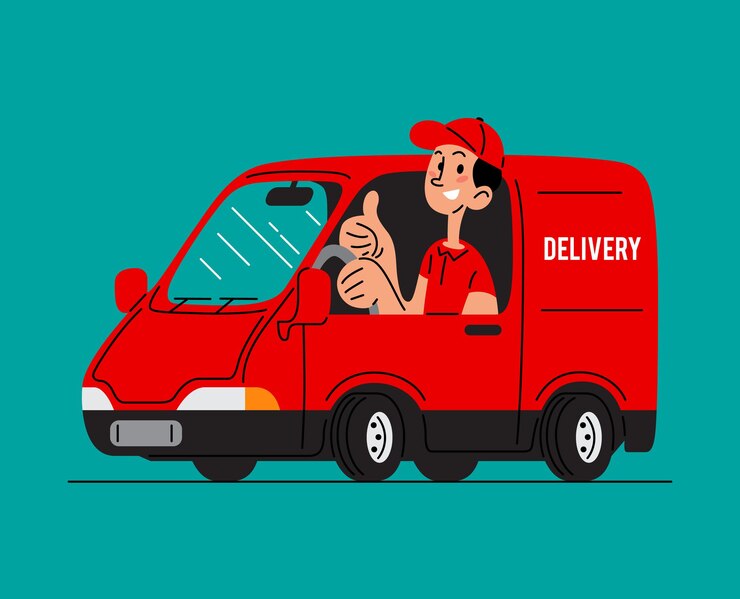 Repartidor feliz en la ilustración de vector plano van camión