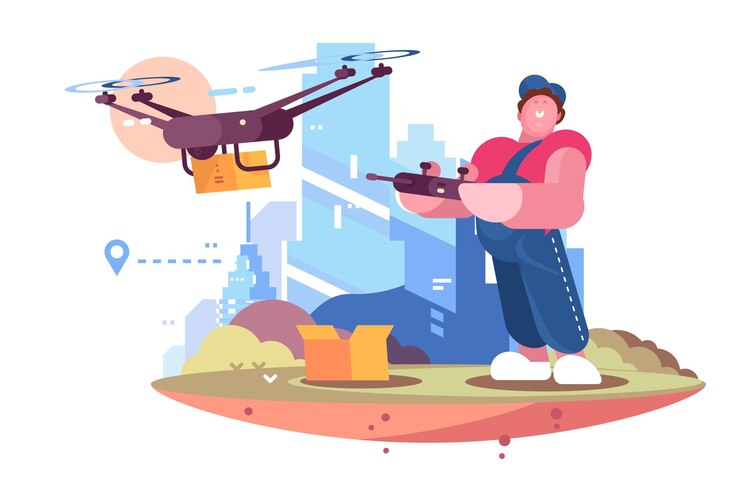 Vector repartidor en forma de control de drones detrás de la ciudad