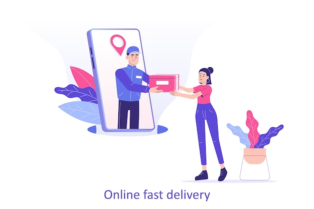 Vector repartidor en línea o mensajero dando una caja a la mujer desde el teléfono inteligente