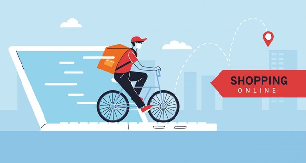 Repartidor con mascarilla protectora en bicicleta, compras en línea