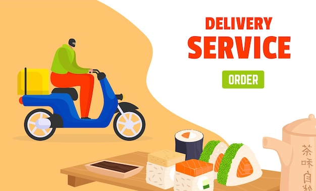 El repartidor montando un scooter azul caja amarilla tetera de sushi concepto de servicio de entrega de comida asiática