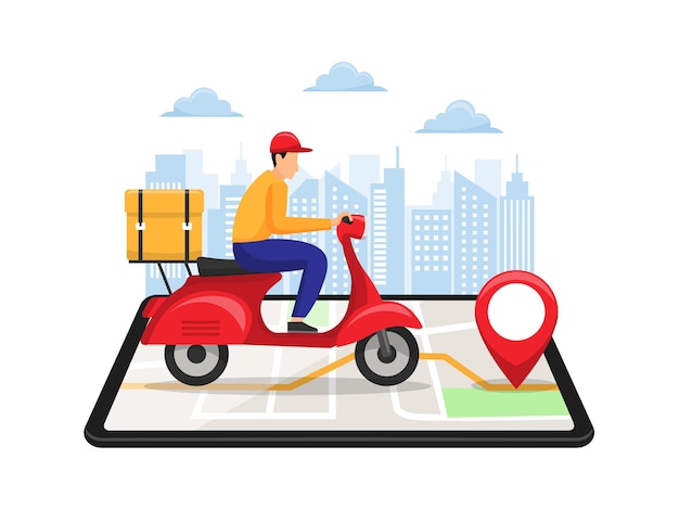 Repartidor montando scooter en el teléfono móvil con mapa de ubicación de la ciudad entrega rápida Compras en línea.