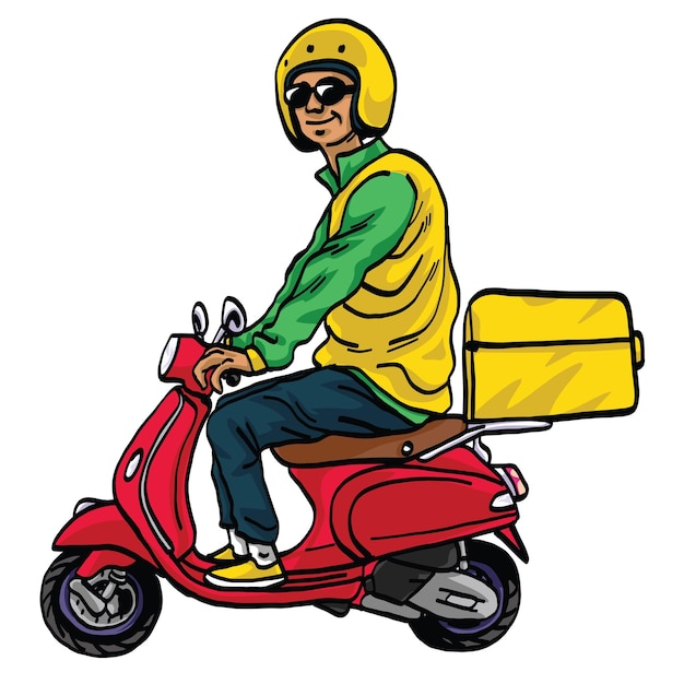Repartidor Montando Vespa Roja Ilustración Vector De Dibujos Animados