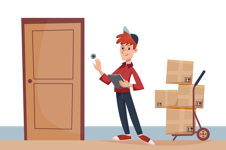 Vector el repartidor con paquetes en la puerta toca el timbre servicio de entrega rápida a la puerta por concepto de mensajería ilustración de vector de personaje plano de dibujos animados