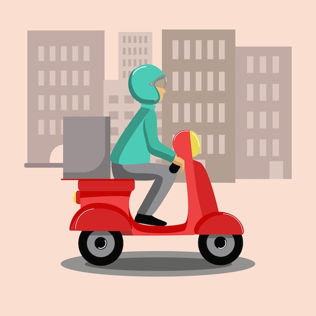El repartidor de pizzas, el mensajero, el scooter, el hombre, la comida y las mercancías, el transporte, las casas de la ciudad.