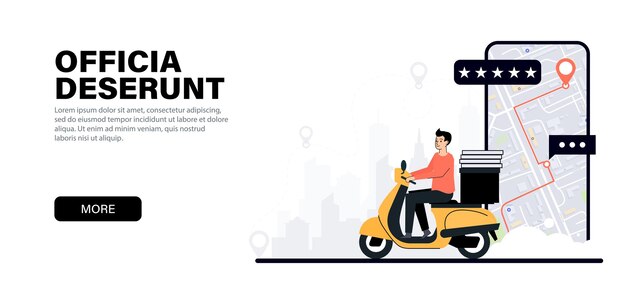 Repartidor en scooter entrega comida en toda la ciudad Servicio de entrega de comida