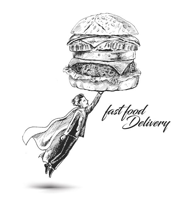 Repartidor súper rápido entregando hamburguesa ilustración de vector de boceto dibujado a mano