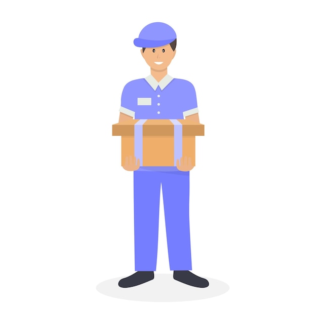 Repartidor en uniforme azul con una caja en sus manos Mensajero entregando