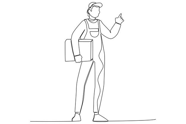 Un repartidor en uniforme sosteniendo una caja de paquetes de arte de una línea
