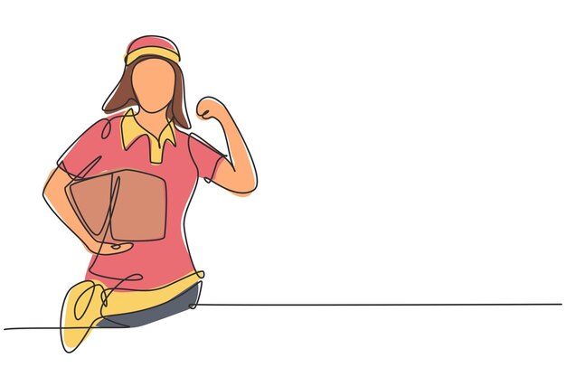 Repartidora de dibujo continuo de una línea con gesto de celebración llevando vector de caja de paquete