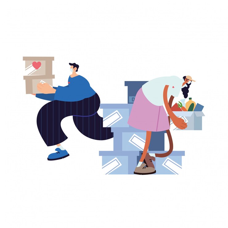 Vector repartidores de camino al cliente con mascarilla