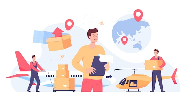 Repartidores de caricaturas cargando y enviando paquetes. Personajes masculinos entregando cajas en avión o helicóptero ilustración vectorial plana. Logística, servicio de entrega, concepto de transporte para banner.