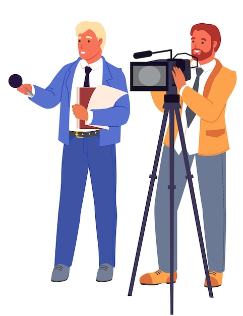 Reportero de televisión con micrófono y ilustración vectorial del operador