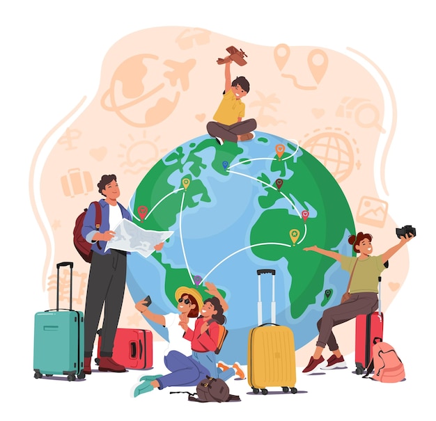 Vector se representa a un grupo de viajeros alrededor de un globo terráqueo con varios artículos de viaje imagen que promueve las agencias de viajes