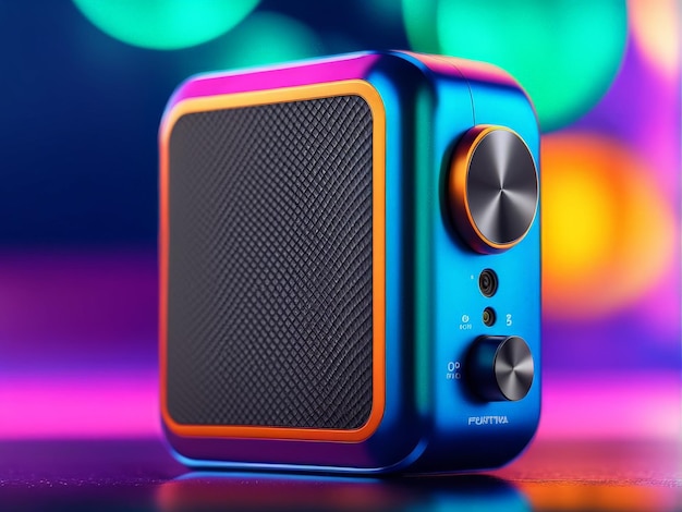 representación en 3D de un altavoz azul sobre un fondo negro con líneas de neón coloridas