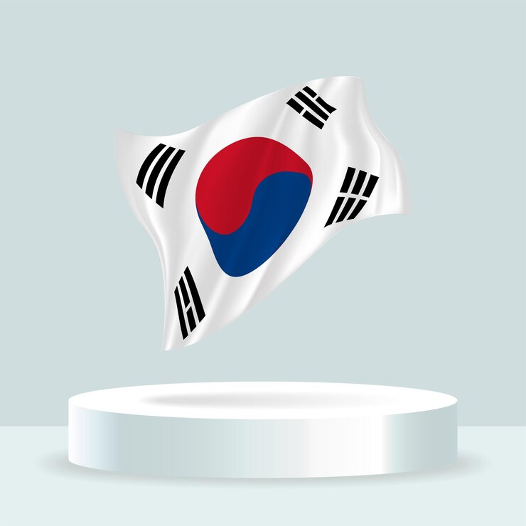 Vector representación 3d de la bandera de corea del sur que se muestra en el stand ondeando la bandera en colores pastel