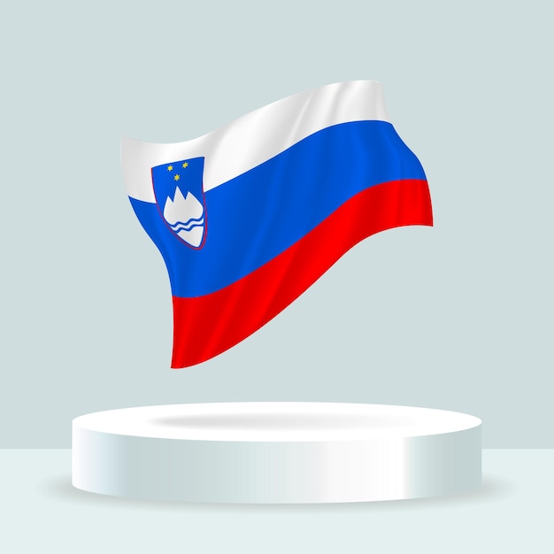Representación 3d de la bandera de eslovenia que se muestra en el stand ondeando la bandera en colores pastel modernos