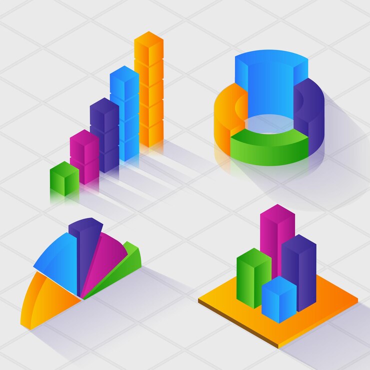 Vector representación 3d de elementos infográficos de negocios coloridos como gráfico circular de gráfico de barras contra fondo de patrón cruzado gris