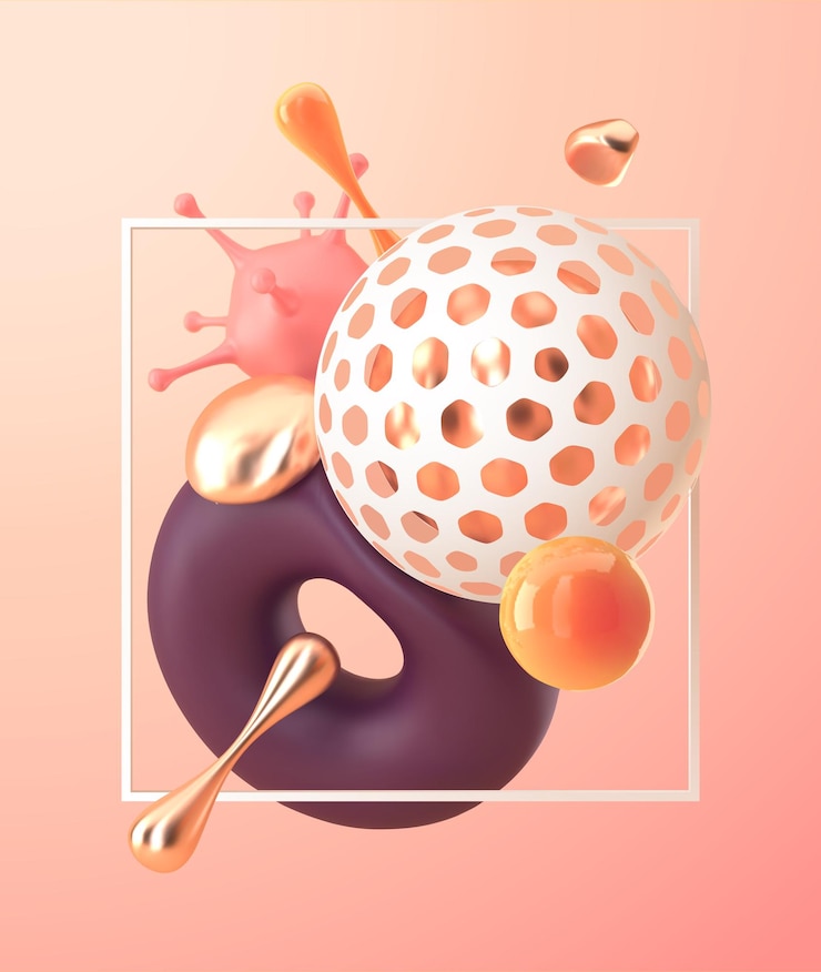 Vector representación 3d escena abstracta con formas geométricas formas 3d en colores pastel y oro