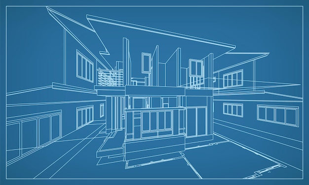 Representación 3D de la estructura de alambre del edificio. Idea gráfica de construcción abstracta. Ilustración vectorial.