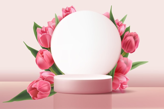 Representación 3d de un fondo vectorial de un corazón con un cilindro y tulipanes rojos