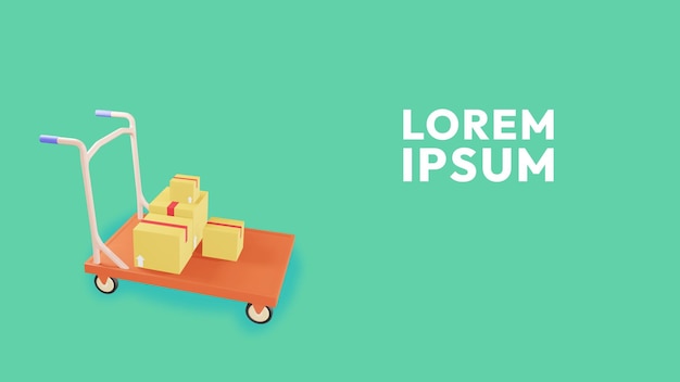 La representación 3d de la ilustración de entrega de paquetes muestra un carro junto con un paquete de cartón