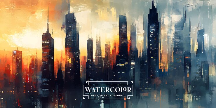 representación en acuarela de un paisaje urbano futurista en el vector de puesta de sol