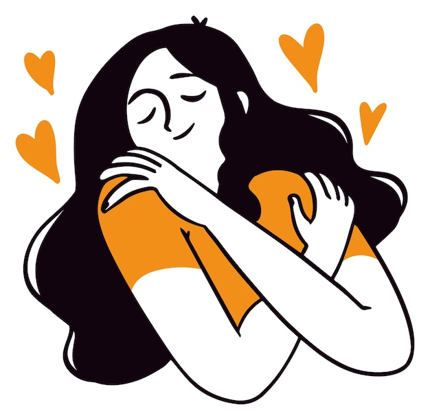 Representación artística de una mujer abrazándose rodeada de corazones