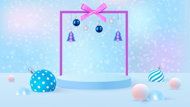 Representación azul 3d del vector del fondo con el podio y la escena mínima del año nuevo, el fondo mínimo de la exhibición del producto 3d rinde de la forma geométrica. Ilustración vectorial
