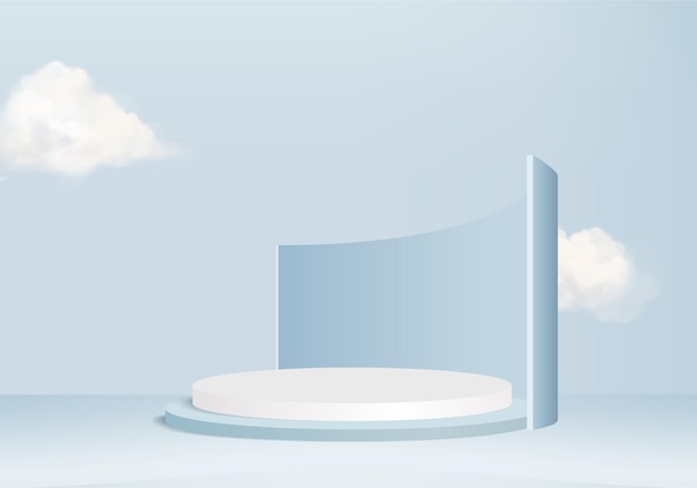 Representación azul 3d del vector del fondo con el podio y la escena mínima de la nube