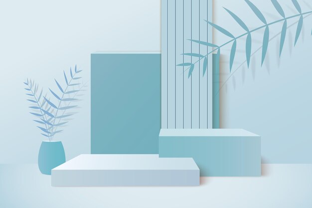 Representación azul pastel de fondo 3d con podio y escena de pared azul mínima