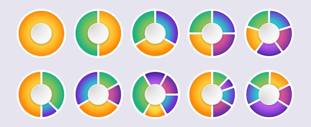 Representación circular de datos usando gráficos circulares o sectores circulares para mostrar segmentos proporcionales Ilustración vectorial colorida con colores degradados de moda para su presentación comercial