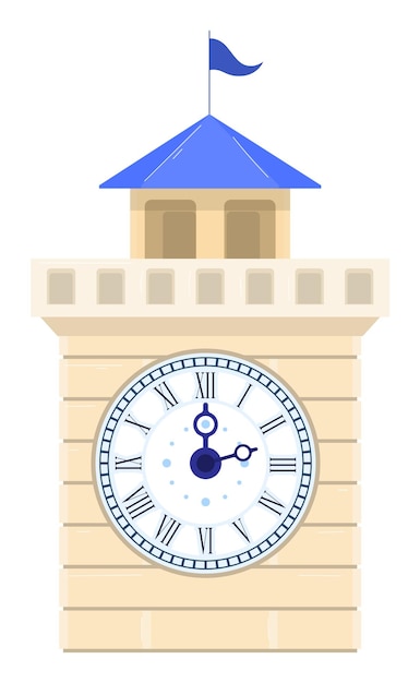 Representación digital torre de reloj clásica estructura de ladrillo beige reloj blanco grande cara azul