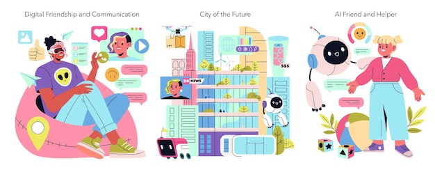 La representación de la generación beta muestra una vibrante mezcla de amistad digital, paisajes urbanos futuristas y