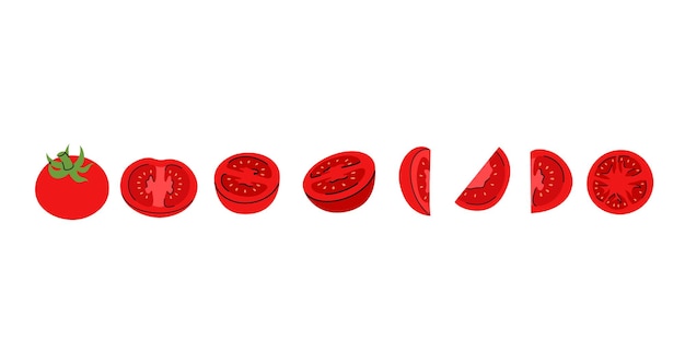 Representación gráfica del tomate rojo que muestra diferentes ángulos de corte completo y rebanadas delgadas xD