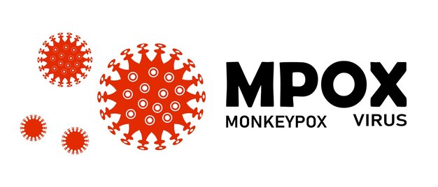 Representación gráfica del virus de la viruela del mono con grandes partículas de virus rojas estilizadas y texto MPOX en negrita