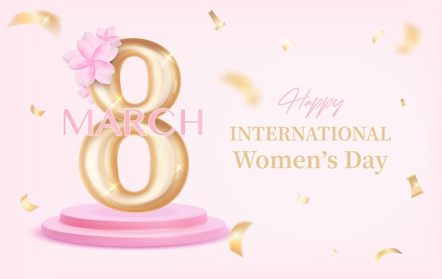 Representación realista en 3D del concepto del día internacional de la mujer con podio y flores rosas