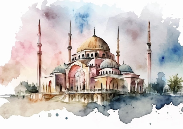 Una representación serena de la mezquita Selimiye en acuarela vectorial