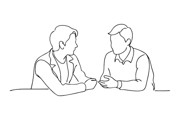 Representación visual de dos individuos en discusión arte de línea negra continua ilustración vectorial plana aislada en fondo blanco